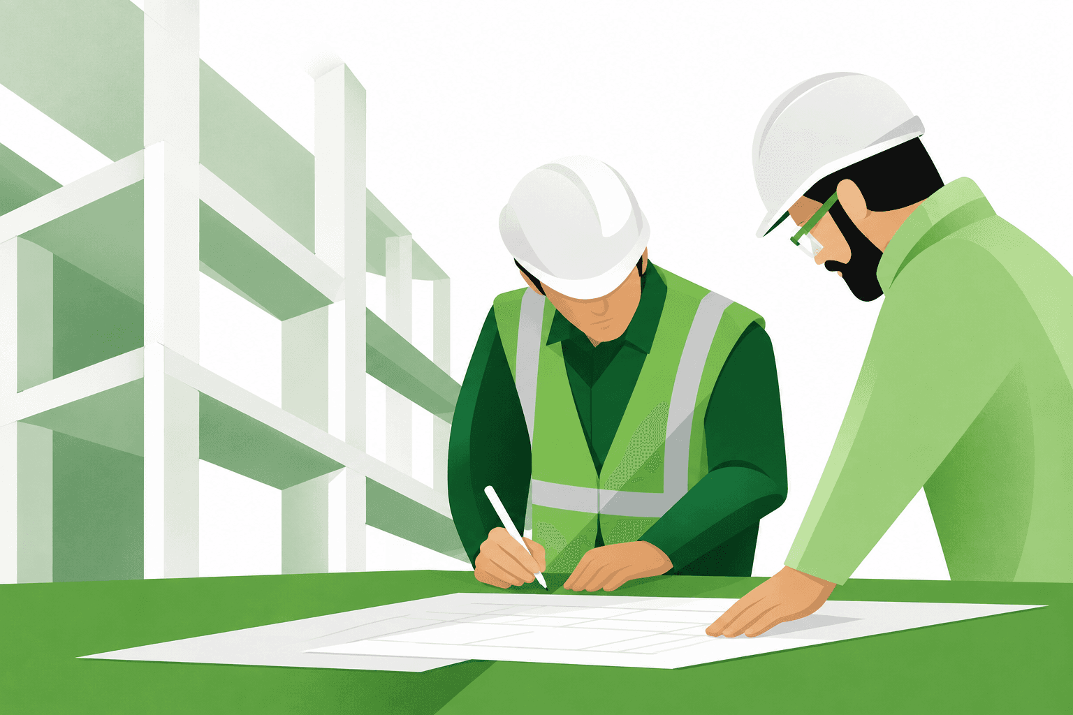 Illustration of two construction professionals reviewing a blueprint on site