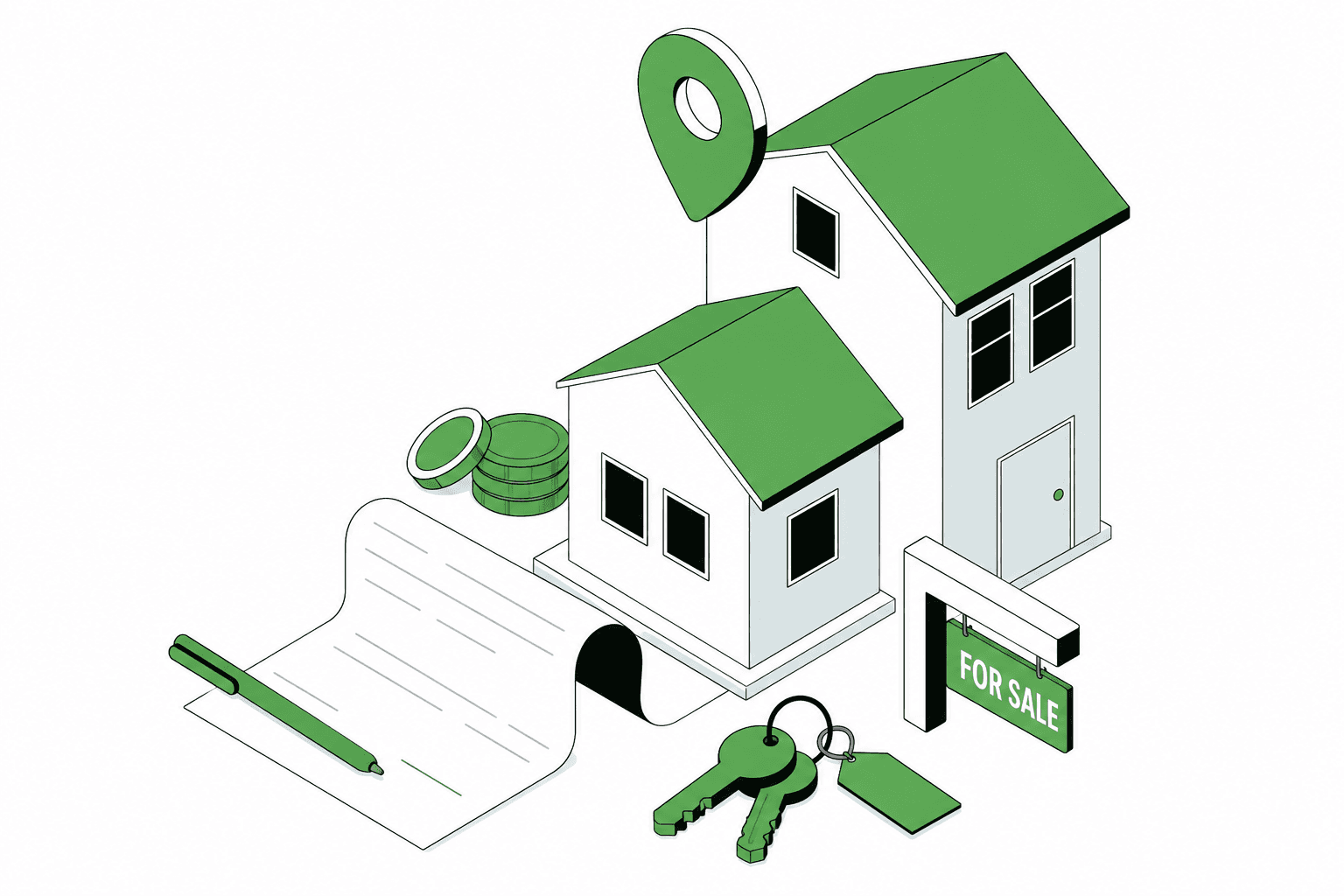 Isometric illustration of a land development with roads, a house and landscaping