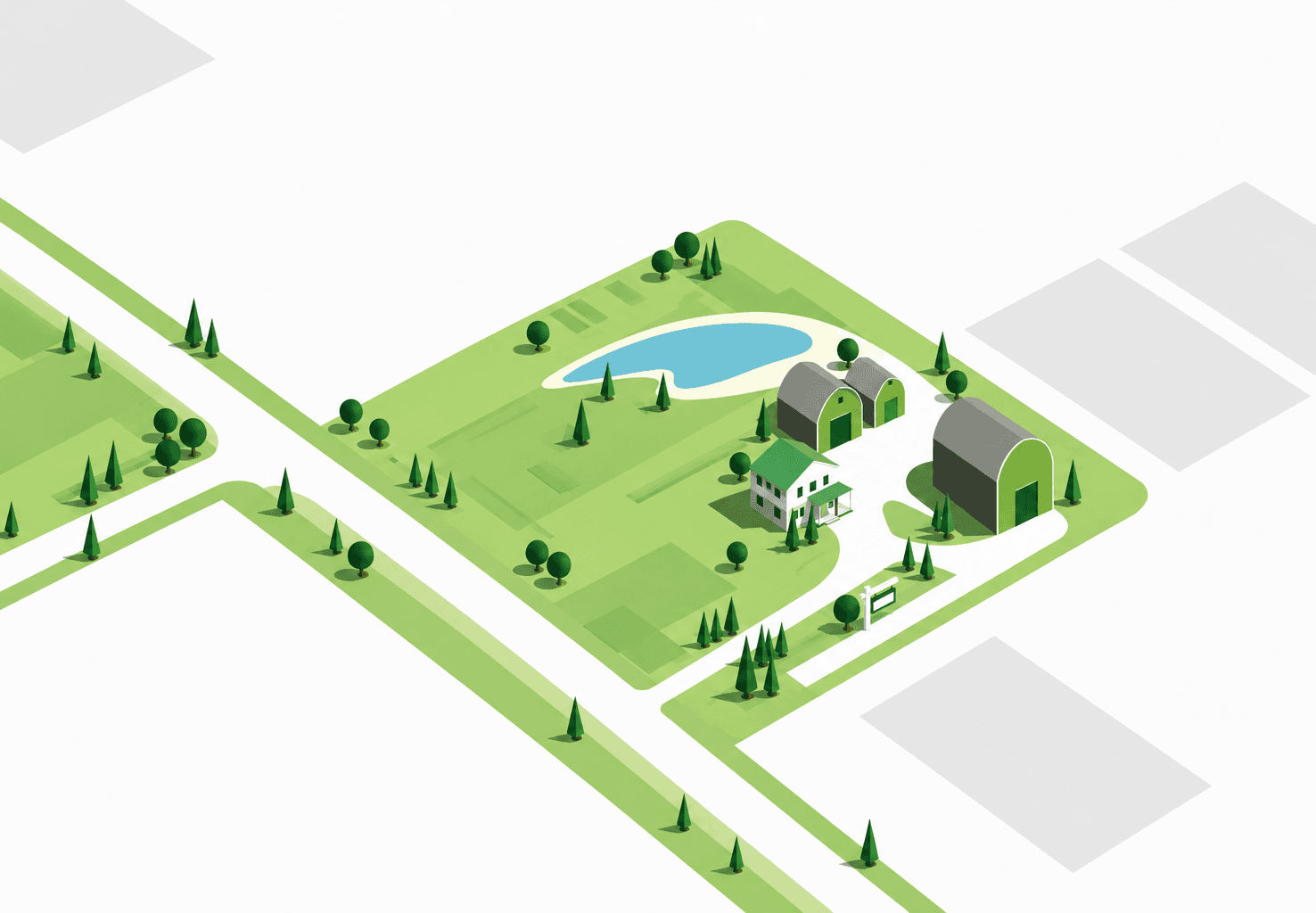 Illustration of a house with a location pin, keys and a signed contract